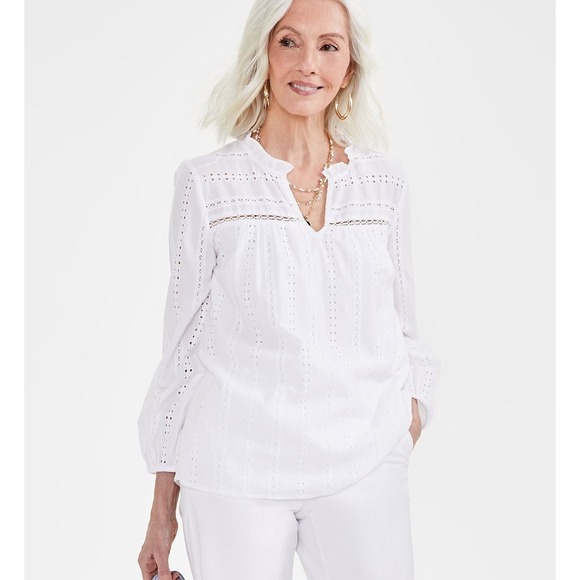 Style & Co Eyelet Blouse Peasant Top Ruffle Trim Long Sleeve Bright White 3X - Picture 1 of 8